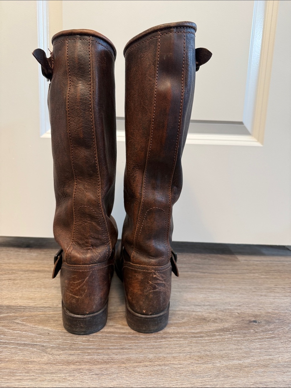 Frye Distressed Dark Brown Buckle Riding Boots - Picture 4 of 7